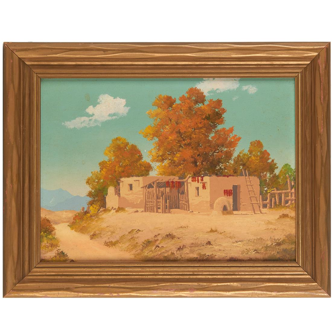 Willard Page, pueblo painting: Willard Page, pueblo painting, Willard Page (American, 1885-1958), "Indian Home", oil on board, signed "W. Page" at lower, artist name and title verso, 7.75"'h x 10.75"w (sight), 10.75"h x 13.75"w (fr