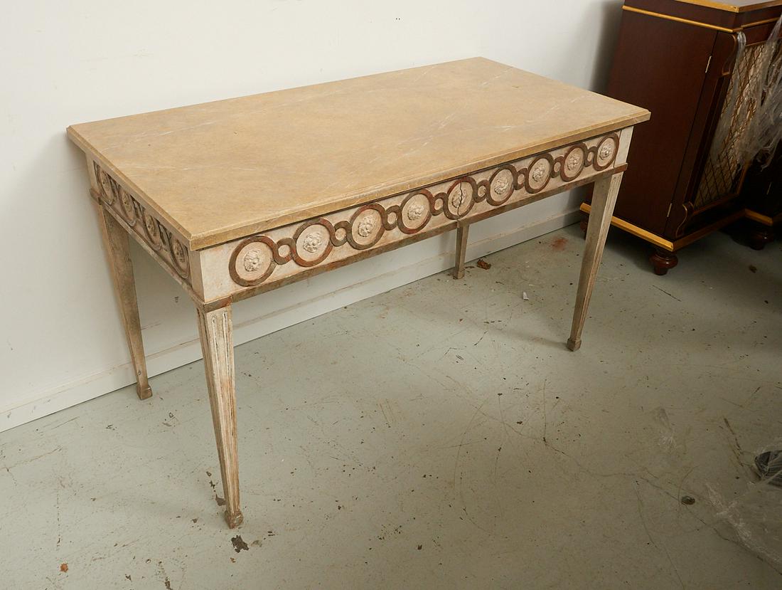 Niermann Weeks Circolo bureau plat: Niermann Weeks Circolo bureau plat, 20th c., faux travertine top above white painted base, foil label to underside, 30.5"h x 30.25"w x 25.25"d