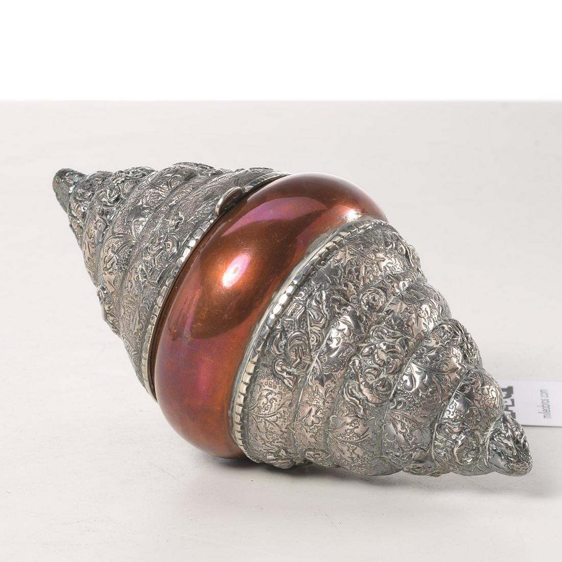 Indian repousse silver shell and copper hinged box: Indian repousse silver shell and copper hinged box, 20th c., unmarked, silver content unknown, 6.5"l x 3.5"w, 6.6ozt (total)