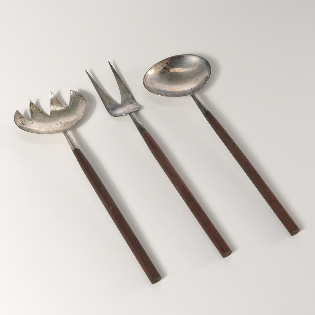 Mexican Modern sterling, teak serving utensils: Mexican Modern sterling, teak serving utensils, Mid 20th c., incl. a salad serving set and a two prong serving fork, each stamped on back of handle, 11.75"l (largest)