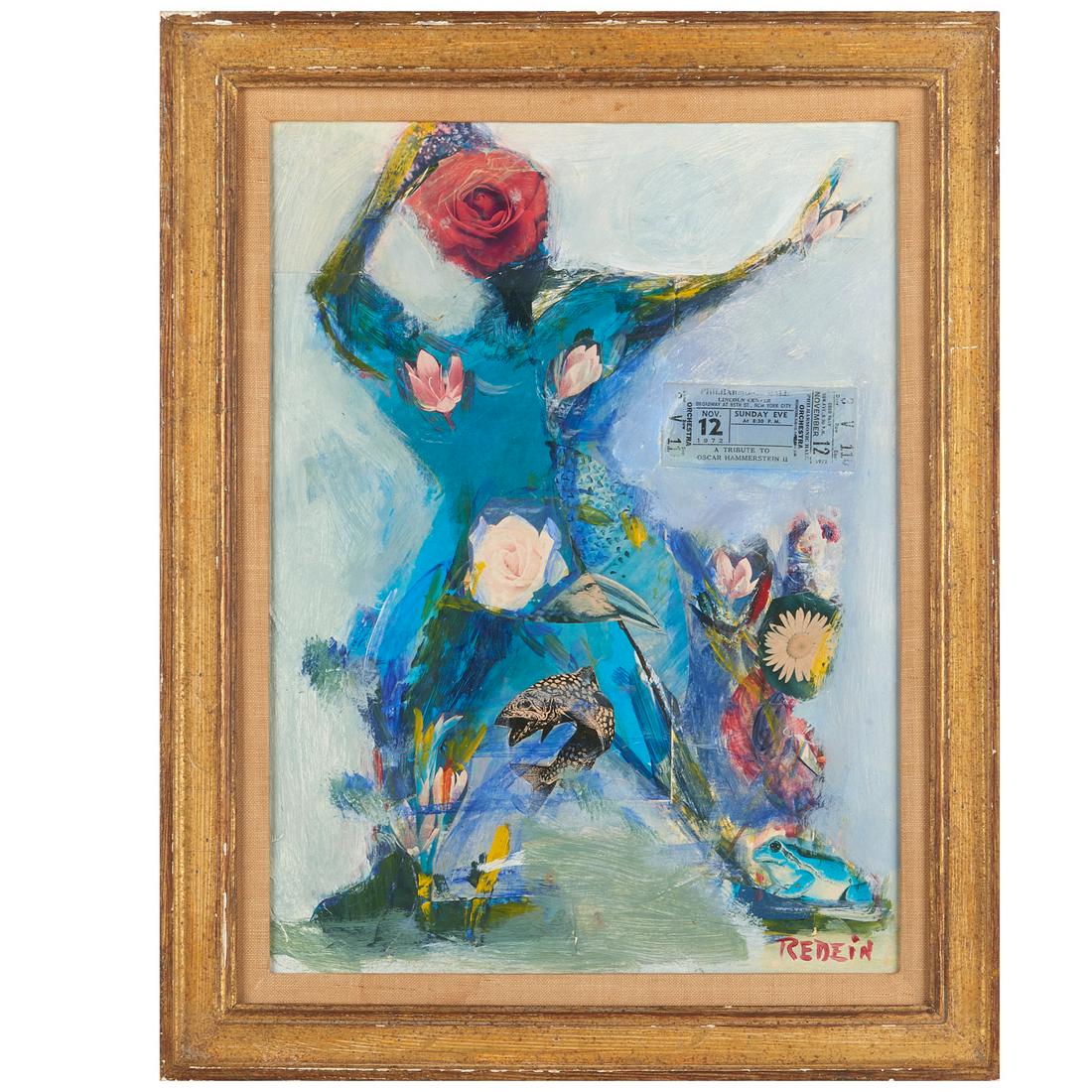 Alexander Redein, multimedia collage: Alexander Redein, multimedia collage, Alexander Redein (American, 1912-1990), "A Tribute to Oscar Hammerstein", multimedia collage and concert ticket on Masonite, c. 1972, signed lower right, 15.5"h x