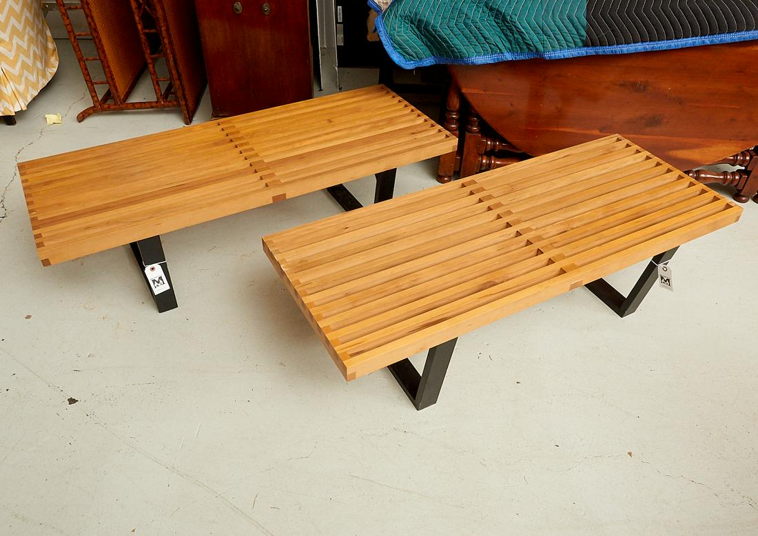 Pair George Nelson style slat benches: Pair George Nelson style slat benches, 20th c., benches or coffee tables, black lacquered sled bases, unmarked, 13.75"h x 47.25"w x 18.75"d