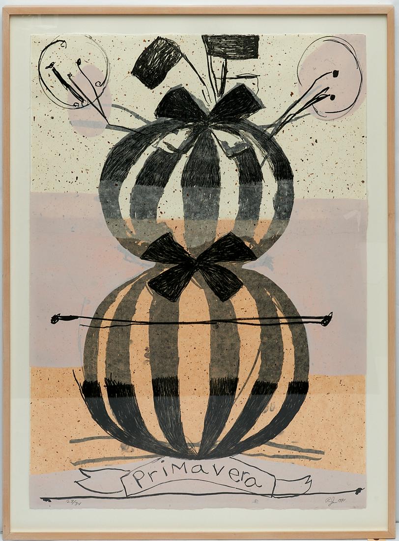 Roberto Juarez, color lithograph: Roberto Juarez, color lithograph, Roberto Juarez (American, b. 1952), "Primavera", 1991, lithograph in colors on paper, signed "RJ 1991" lower right and numbered lower left (23/34), 41"h x 29.5"w (she