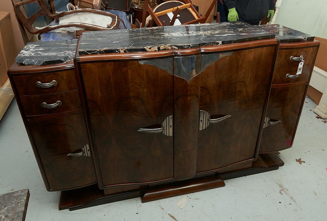 French Art Deco marble top sideboard: French Art Deco marble top sideboard, First half 20th c., manner of Leleu, lacquered burl wood with nickeled mounts and hardware, three marble top sections, 43"h x 72.5"w x 17.5"d