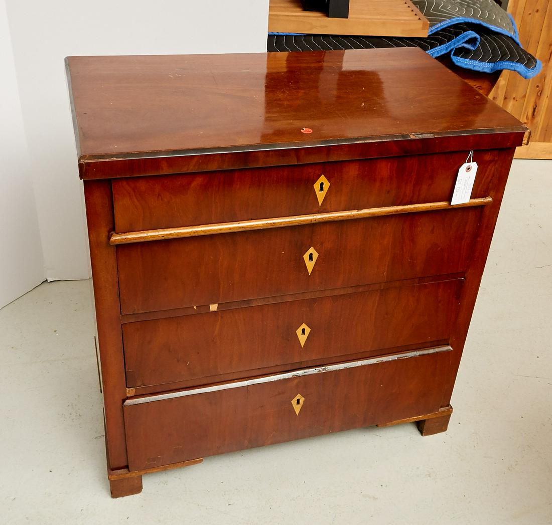Biedermeier mahogany inlaid commode: Biedermeier mahogany inlaid commode, 19th c., with satinwood inlaid escutcheons, 31.75"h x 31.5"w x 18.5"d