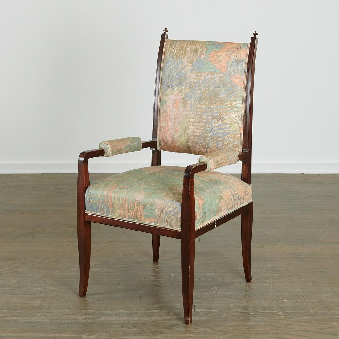 Tommi Parzinger, mahogany armchair: Tommi Parzinger, mahogany armchair, c. 1950s, American, dark stained mahogany, upholstered seat and back, with turned orb finials and slightly sabered legs, for Parzinger Originals, unsigned, 42"h x 2