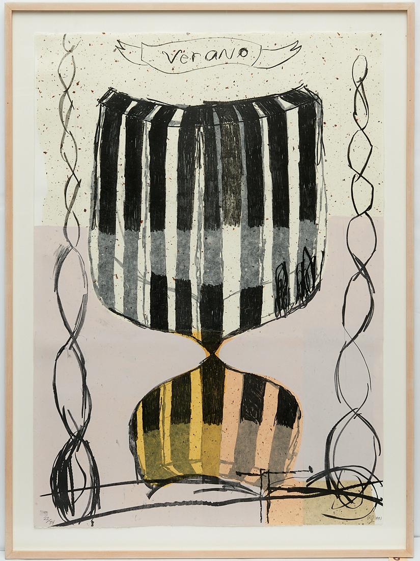 Roberto Juarez, color lithograph: Roberto Juarez, color lithograph, Roberto Juarez (American, b. 1952), "Verano", 1991, lithograph in colors on paper, signed "RJ 1991" lower right and numbered lower left (23/34), 41"h x 29.5"w (sheet)