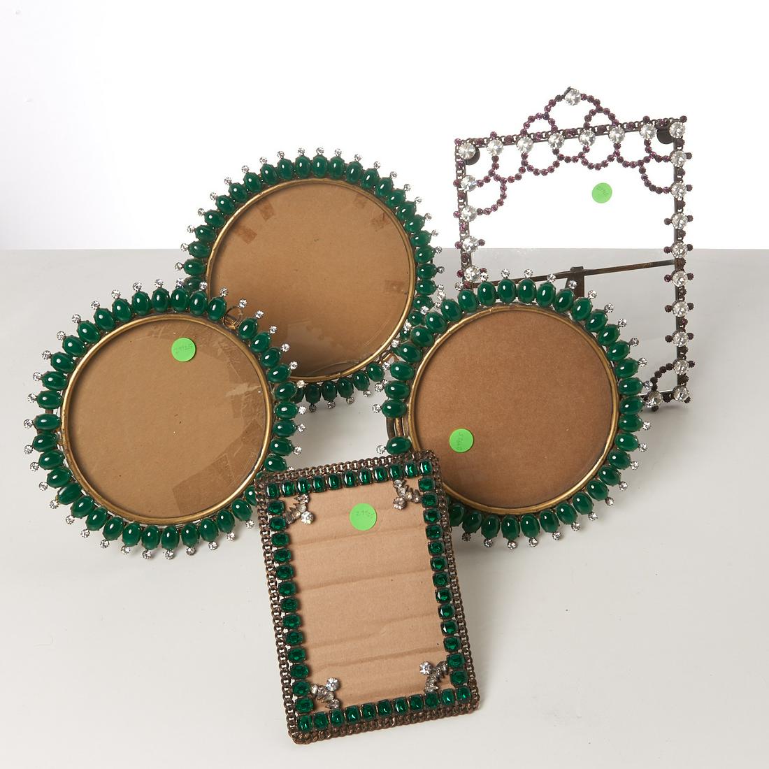(5) vintage jeweled easel frames: (5) vintage jeweled easel frames, 20th c., possibly Austrian, incl. (3) round form and (2) rectangular form frames, each with paste jewel decoration, unmarked, 12"h x 8.25"w (largest), 7.5"h x 5.25"w