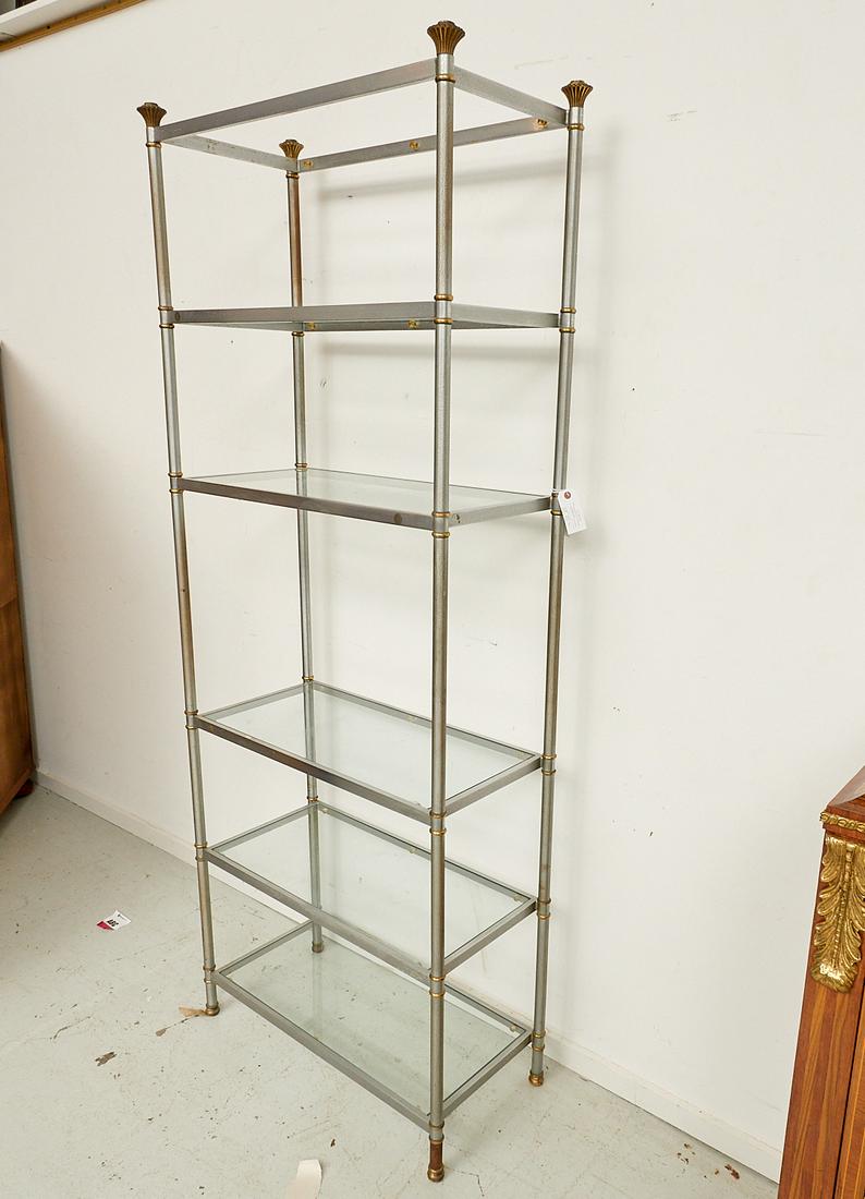 John Vesey style open bookshelf: John Vesey style open bookshelf, c. 1970s/80s, brushed steel and brass shelving with plate glass, unmarked, 80.5"h x 32"w x 14.75"d