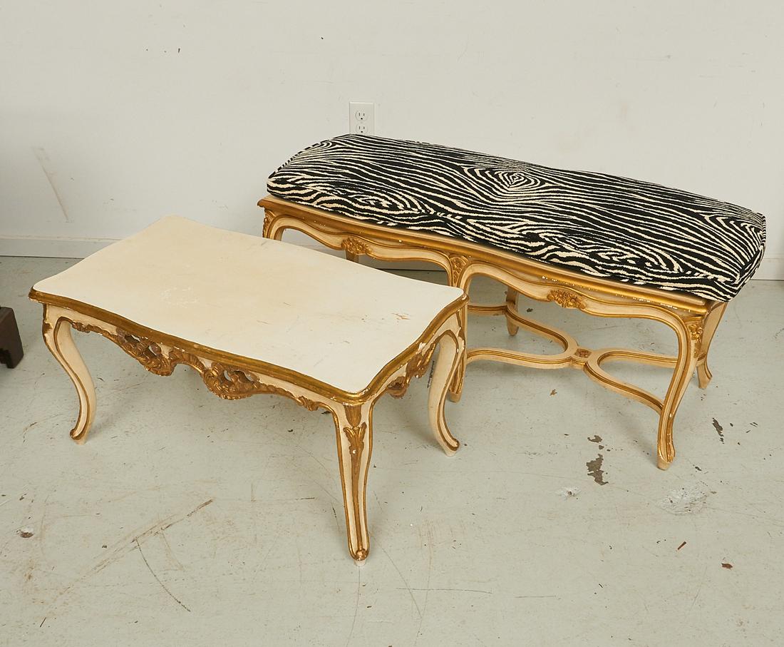 Louis XV style painted bench and low table: Louis XV style painted bench and low table, 20th c., incl. a low table with carved apron and knees in shell and scroll design, and a bench with caned seat and loose zebra print cushion, each cream and