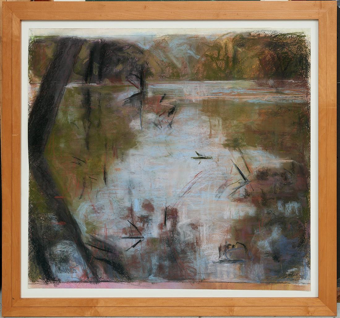 E. Meyer (attrib.), large abstract painting: E. Meyer (attrib.), large abstract painting, Attributed to Elizabeth Meyer (American, 20th/21st c.), pastel on paper, signed indistinctly and dated 2001 lower right, 35"h x 38"w (sheet), 42.5"h x 45"w
