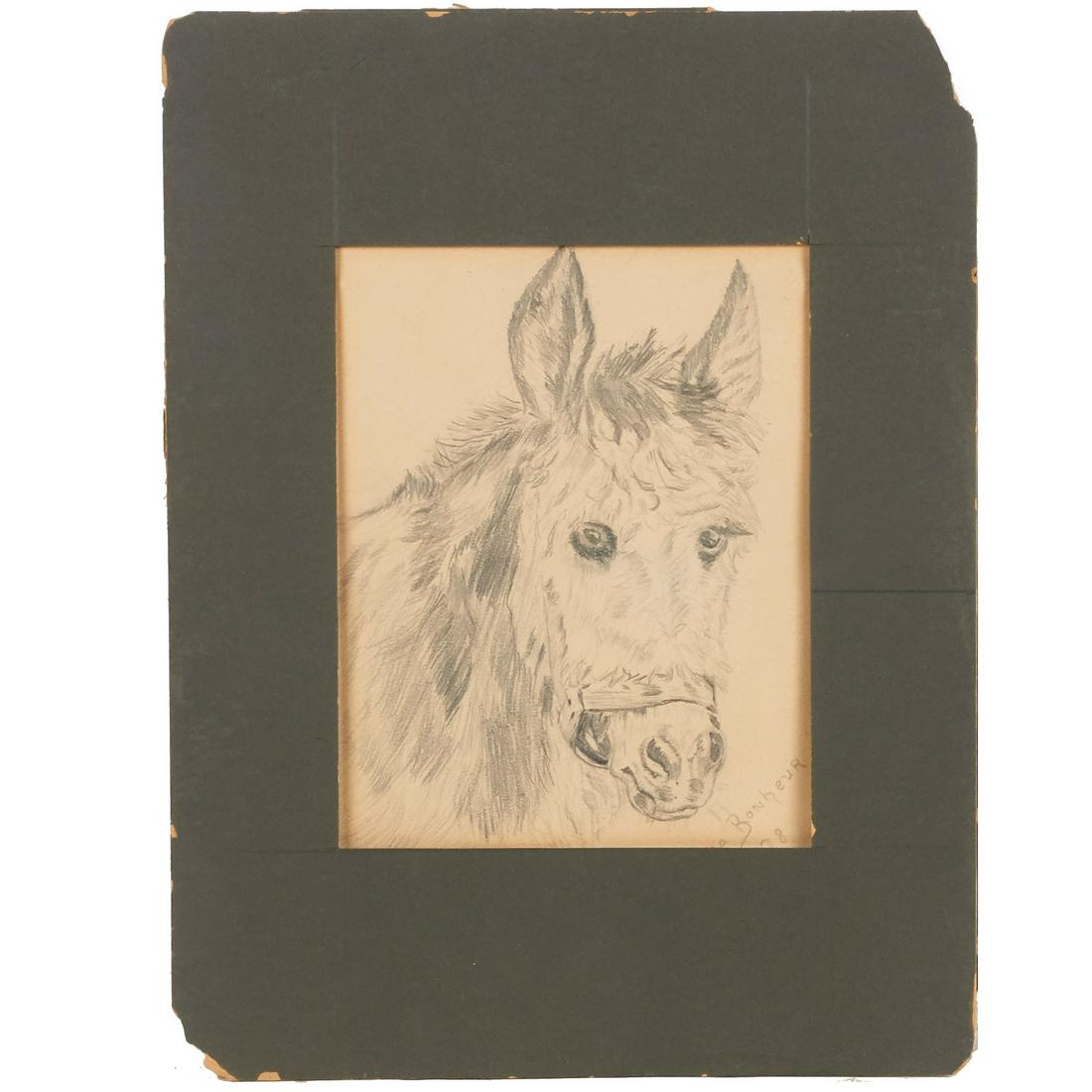 Rosa Bonheur (attrib.), drawing: Rosa Bonheur (attrib.), drawing, Attributed to Rosa Bonheur (French, 1822-1899), "Donkey", 1878, graphite on paper, signed "Rosa Bonheur" and dated lower right, 6.75"h x 5.75"w (sheet), 11"h x 8.5"w (