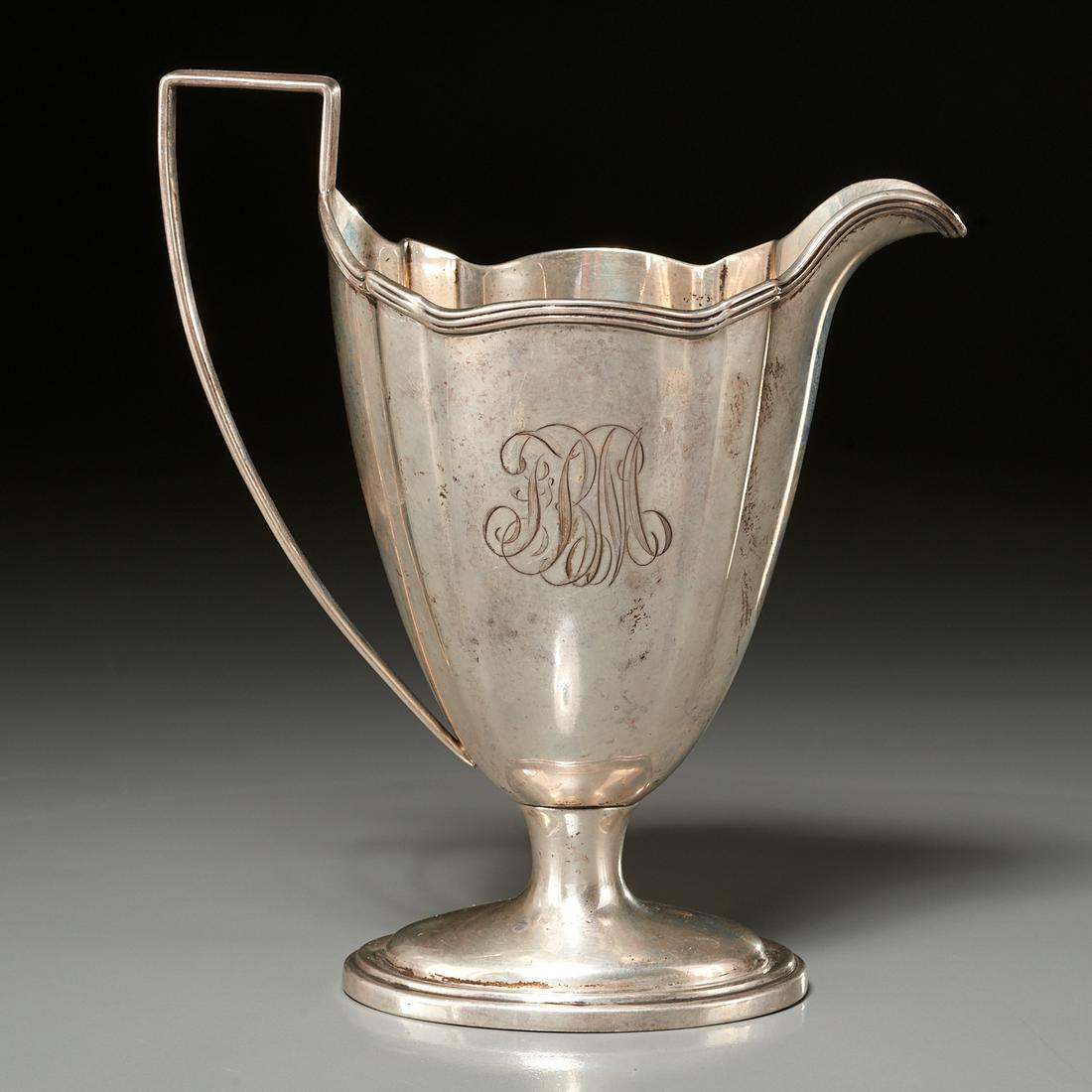 Gorham & Co., silver cream jug: Gorham & Co., silver cream jug, 20th c., American, sterling silver creamer in the Plymouth pattern, monogrammed FBM (Florence Bloom Mayer), makers marks to underside, 6.5"h x 5.5"l x 3.5"w, approx. 7.