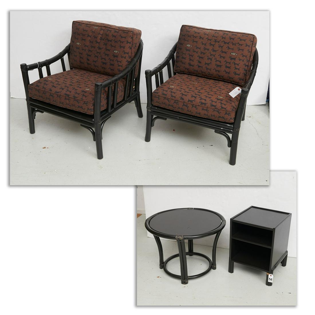 McGuire (4) piece black lacquered furniture suite: McGuire (4) piece black lacquered furniture suite, 20th c., comprising a pair of bamboo armchairs with loose brown upholstered seat and back cushions in animal pattern, a round form coffee table with