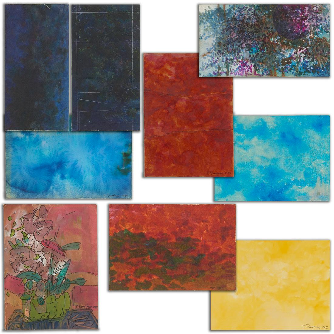 Tommy Simpson, sketchbook and paintings: Tommy Simpson, sketchbook and paintings, Tommy Simpson (American, b. 1939), archive of materials including (7) paintings on wood panels or canvas mounted on panel, 4 signed on front or verso (largest