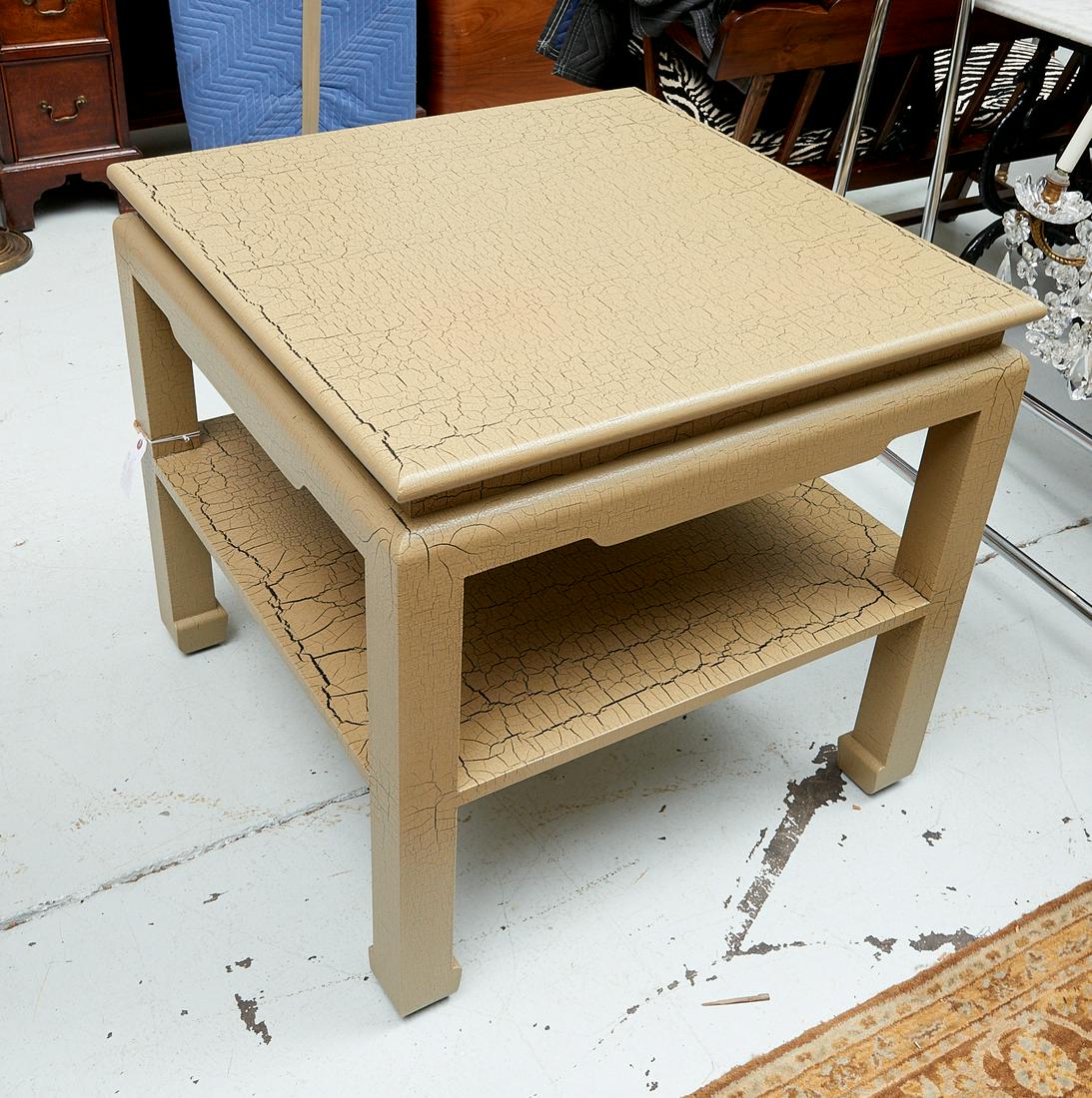 Large Karl Springer style side table: Large Karl Springer style side table, 20th/21st c., Asian inspired, taupe crackle lacquered two tier side table, metal tag label "Designed and Built by Minic Custom Woodwork NY", 28"h x 30"squ