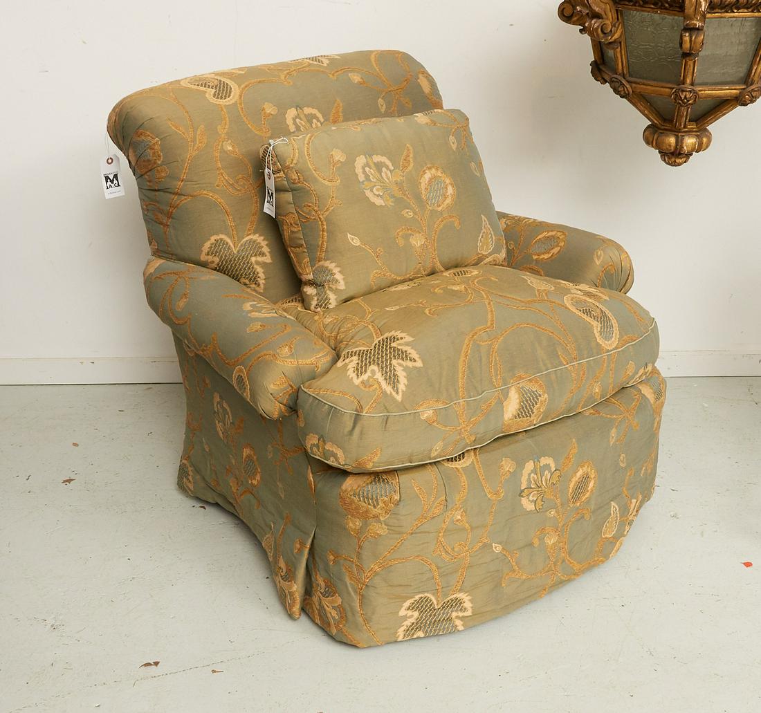 Designer embroidered silk upholstered armchair: Designer embroidered silk upholstered armchair, 20th/21st c., nicely upholstered with embroidered florals, scrolled back, skirted base, unmarked, 31.5" x 35.5"w x 30"d