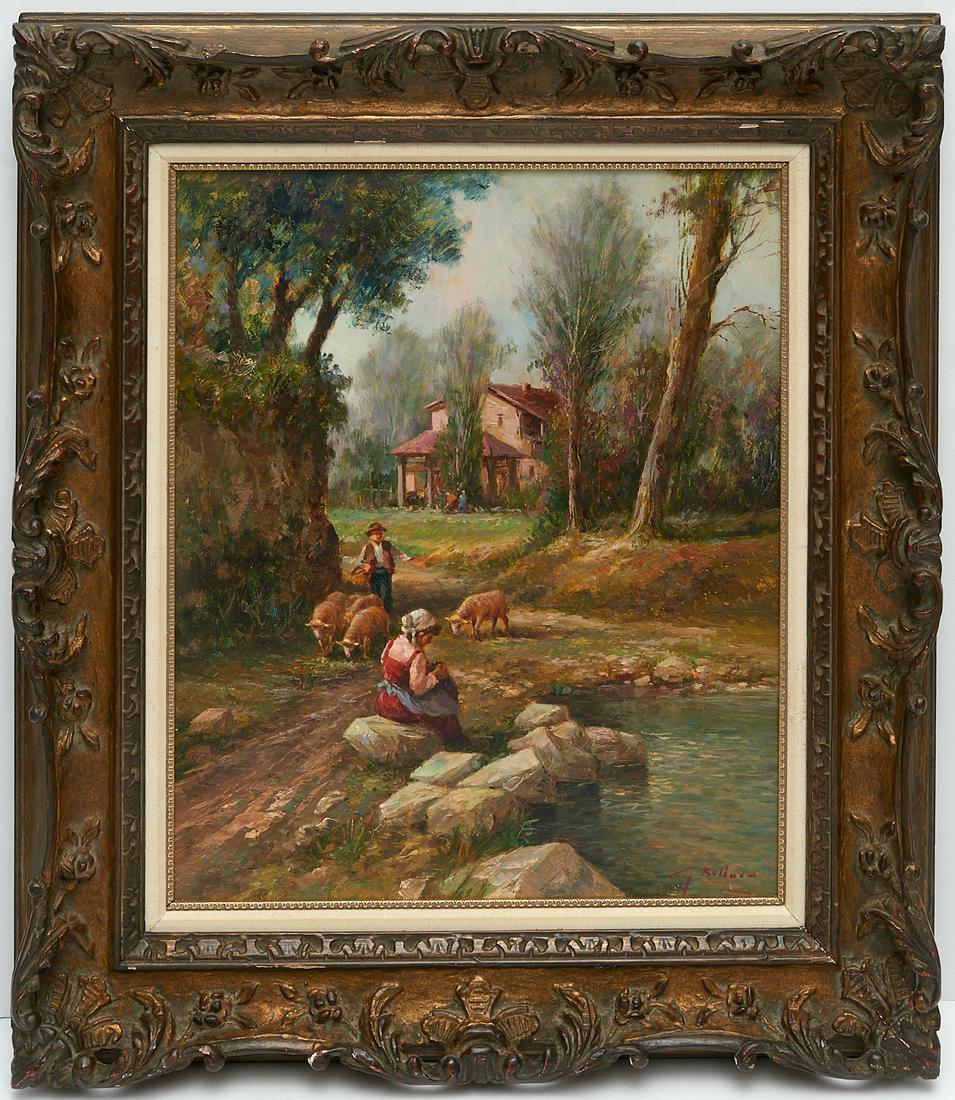 J.J. Bellman (attrib), painting: J.J. Bellman (attrib), painting, Attributed to J.J. Bellman (American, b. 1949), Pastoral scene with sheep, oil or acrylic on masonite, indistinctly signed "T Bellman" lower right, 23"h x 19:w (sight)