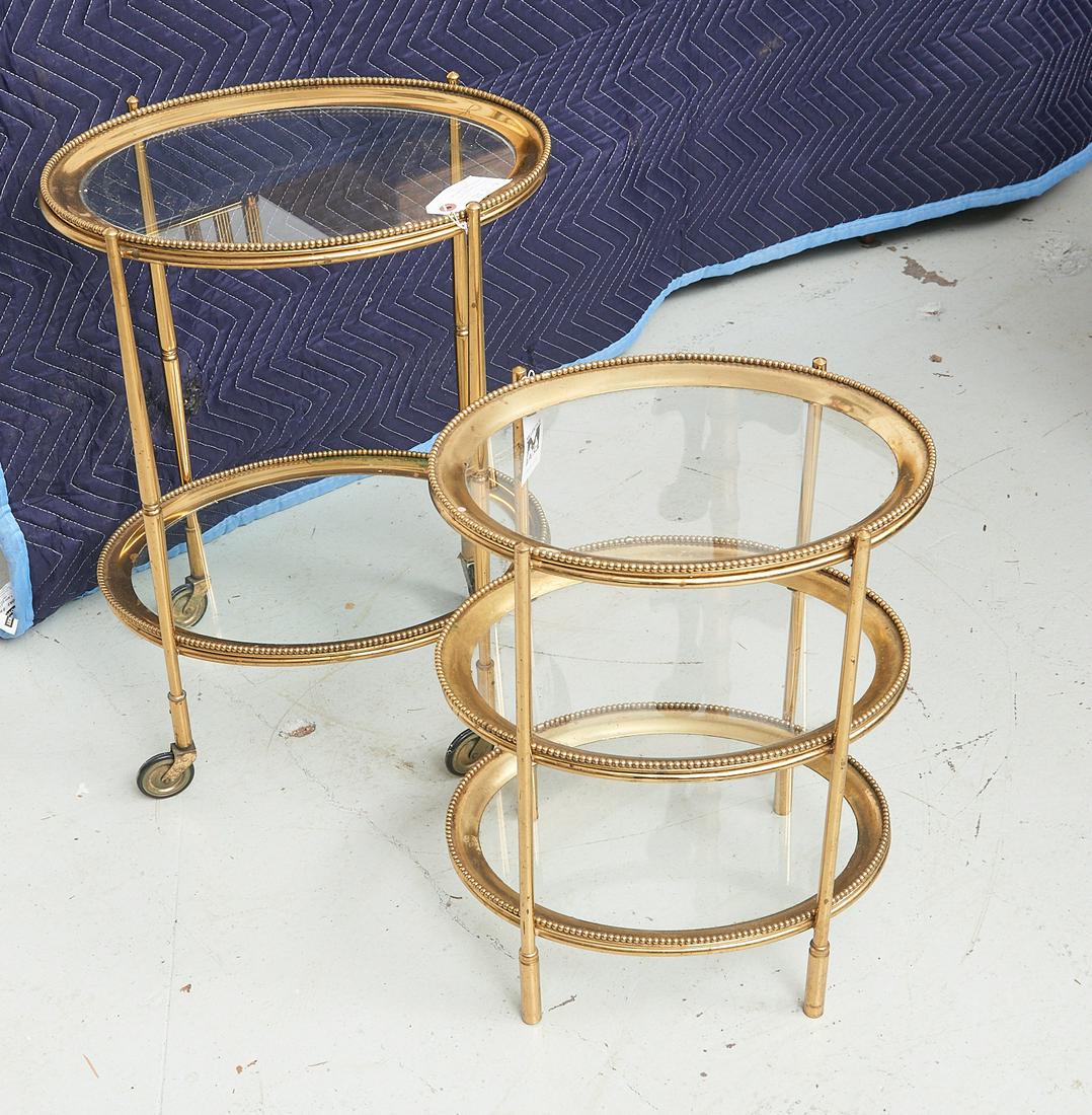 (2) Mid-Century brass, glass tiered tables: (2) Mid-Century brass, glass tiered tables, 20th c., incl. a two tier cart on casters and a three tier side table, each with removable glass tray shelves with beaded trim galleries, unmarked, 24"h x 1