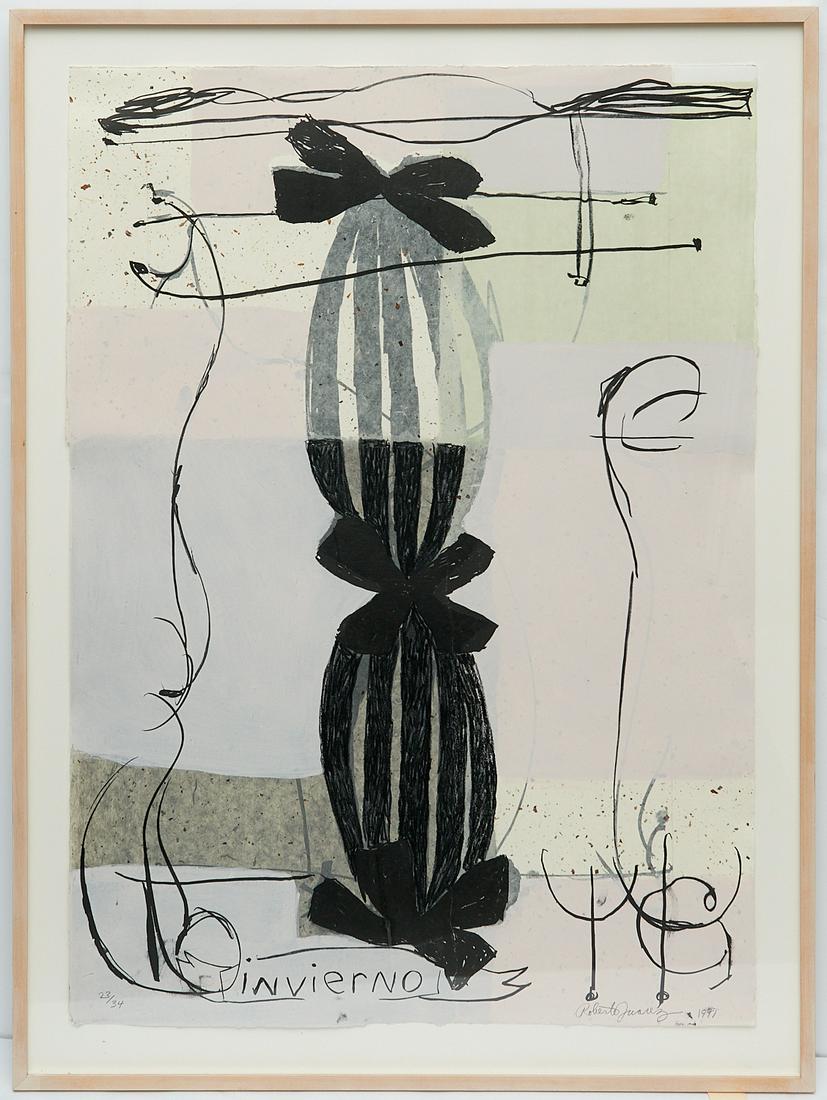 Roberto Juarez, color lithograph: Roberto Juarez, color lithograph, Roberto Juarez (American, b. 1952), "invierno", 1991, lithograph in colors on paper, signed "Roberto Juarez 1991" lower right and numbered lower left (23/34), 41"h x