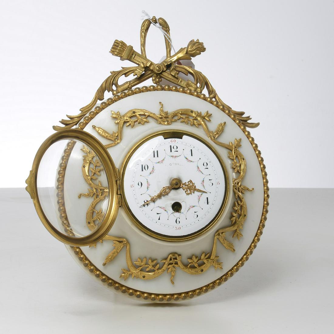 Antique Louis XV style marble clock: Antique Louis XV style marble clock, Late 19th c., French, clock with gilt bronze crossed torch and quiver crest, ormolu mounts and beaded trim, painted dial with worn signature "Gubre...", appears ad