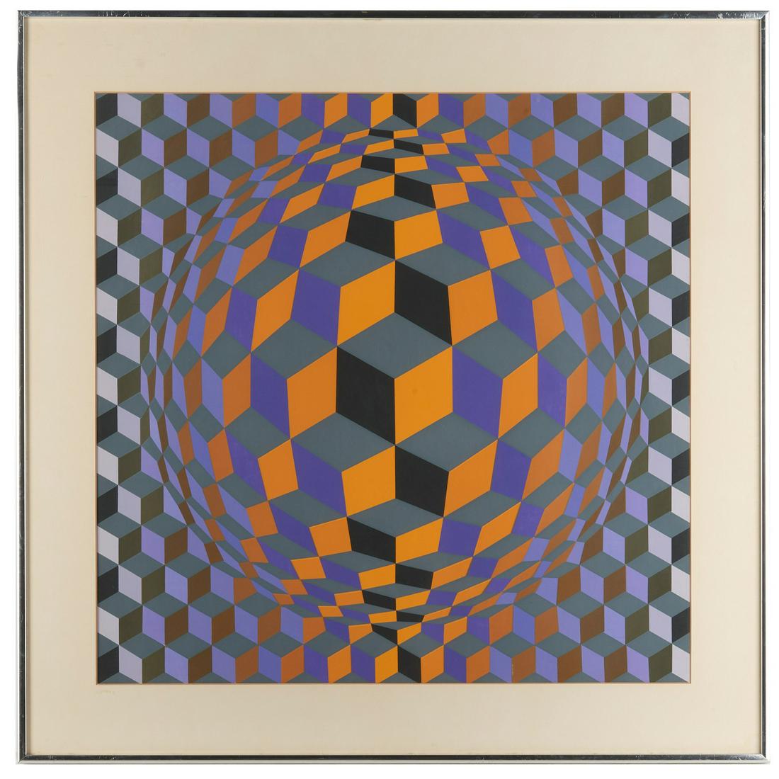 Victor Vasarely, Op Art serigraph: Victor Vasarely, Op Art serigraph, Victor Vasarely (Hungarian-French, 1906-1997), serigraph on paper, 23"h x 23"w (sight), 29"h x 29"w (frame)