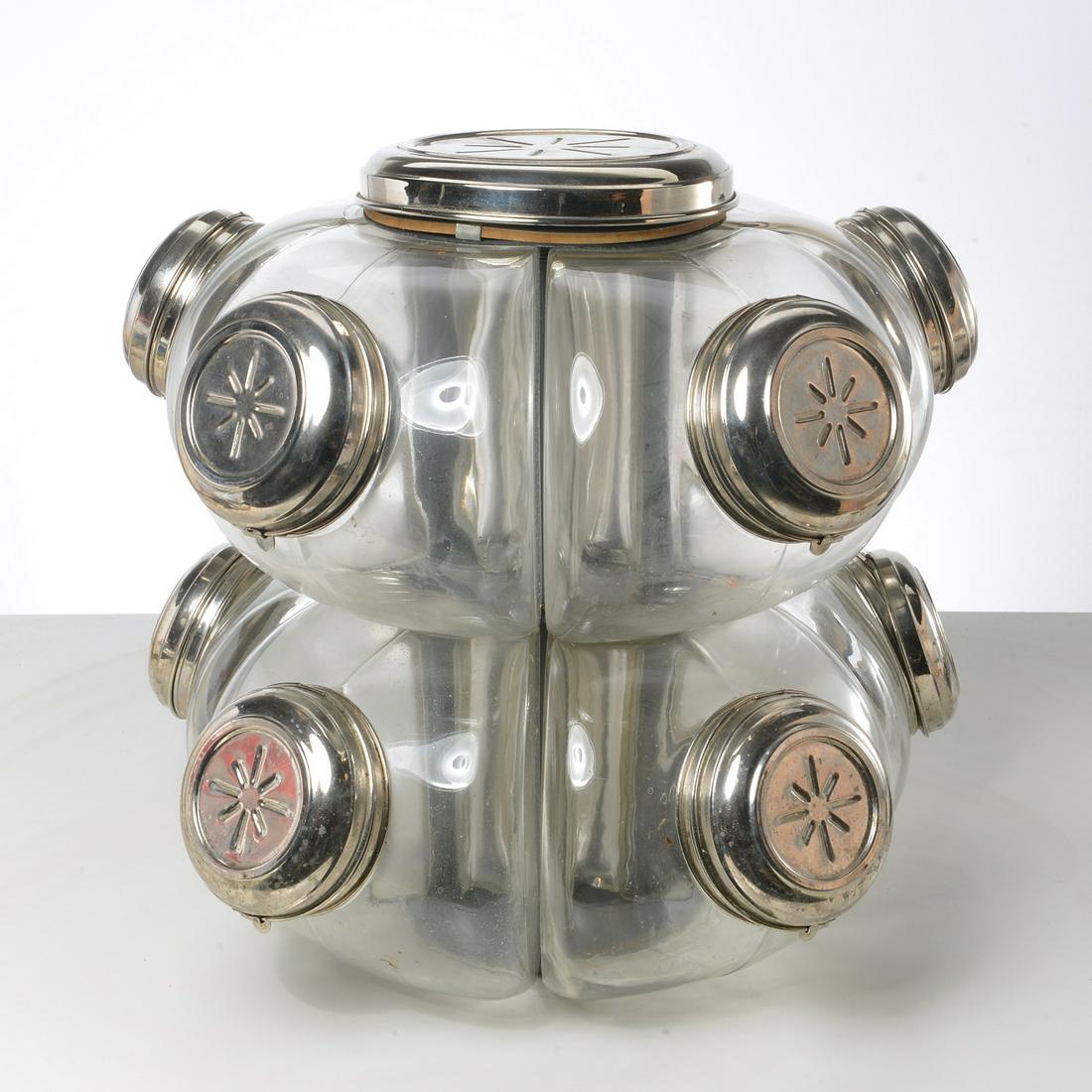 Art Deco candy carousel: Art Deco candy carousel, c. 1920s, with glass jars and chrome lids, 18"h x 18"w