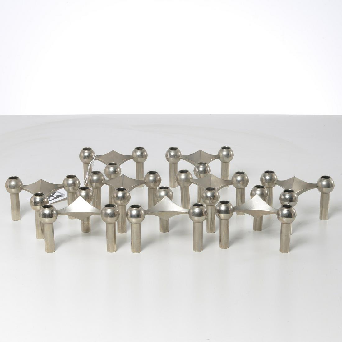 Fritz Nagel & Caesar Stoffi stacking candlesticks: Fritz Nagel & Caesar Stoffi stacking candlesticks, Mid 20th c., Germany, set of (9) interlocking modular candlesticks, 2.5"h x 4"w (each piece)