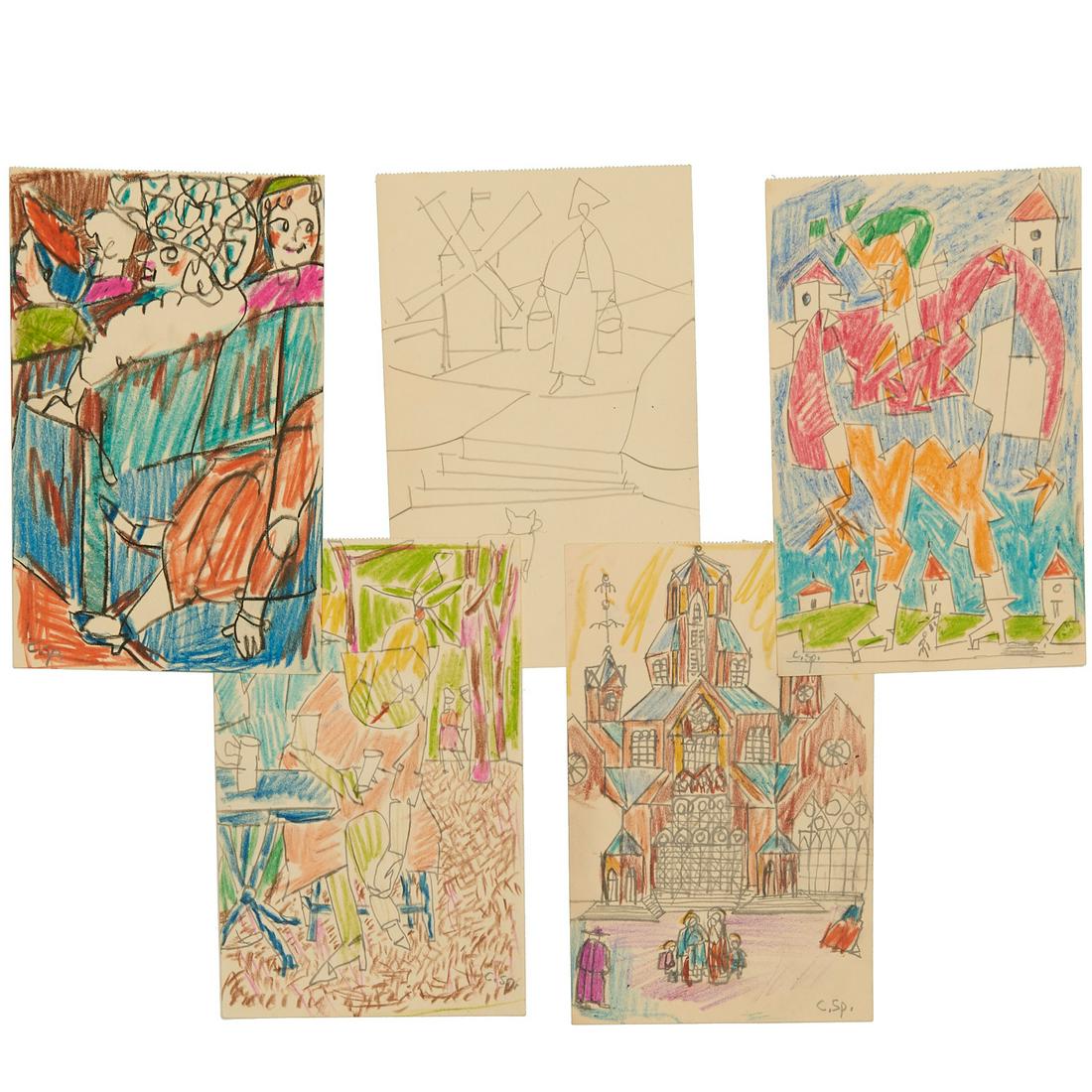 Carl Sprinchorn, (5) drawings: Carl Sprinchorn, (5) drawings, Carl Sprinchorn (American, 1887-1971), graphite and crayon on paper, each signed "C. Sp.", unframed, 7.5"h x 5"w Provenance: The Arthur and Anita Kahn Collection