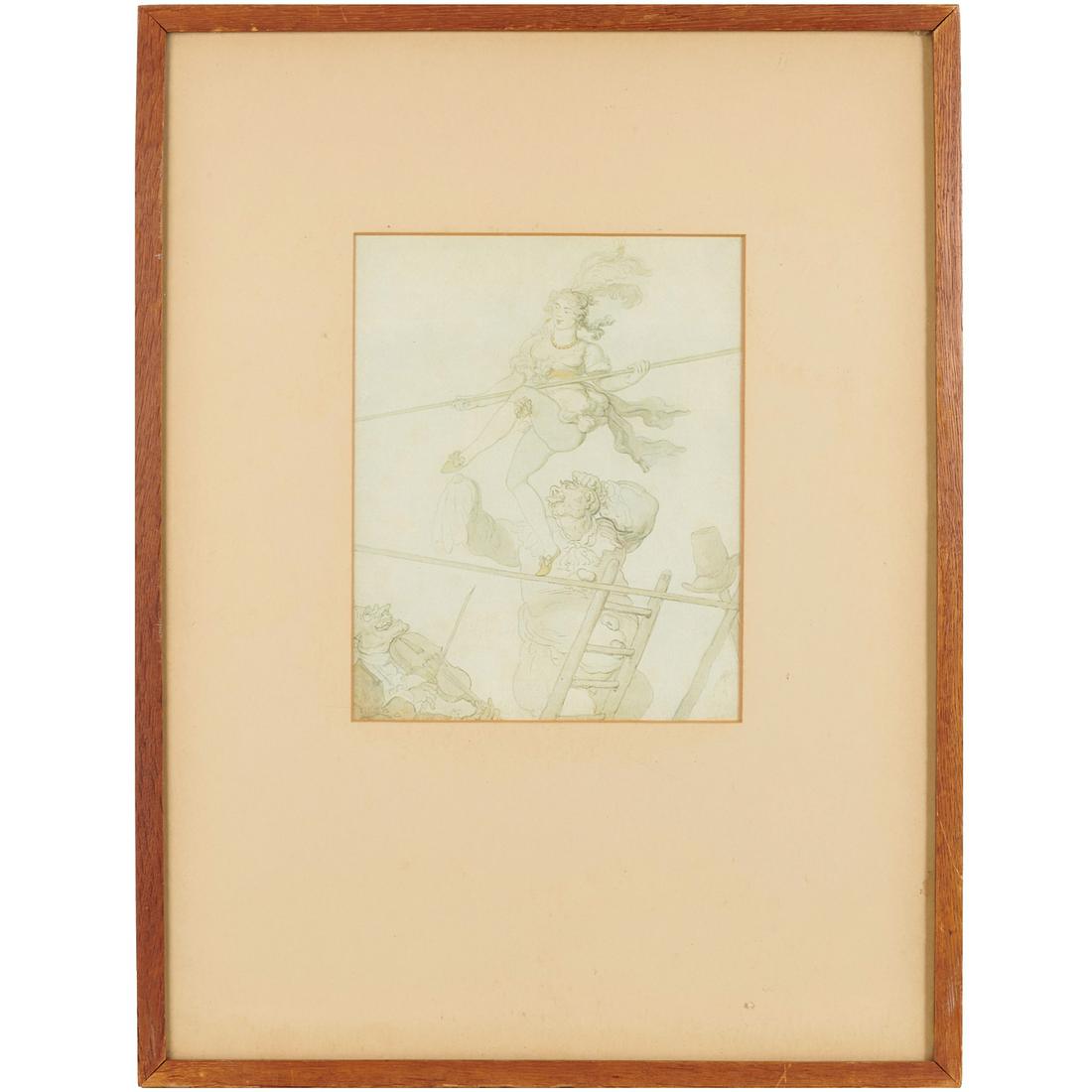 Thomas Rowlandson (after), print: Thomas Rowlandson (after), print, After Thomas Rowlandson (English, 1756-1727), "The Tightrope Dancer", offset print, matted and framed under glass, 8.5"h x 7"w (sight), 19"h x 14.5"w (frame)