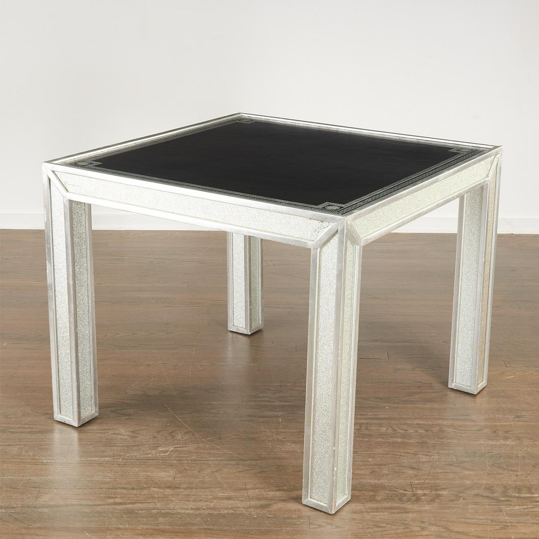 Lloyd Paxton, silvered wood games table: Lloyd Paxton, silvered wood games table, Late 20th c., American, with tooled leather inset tops and silvered crackle glass panels, unsigned, 30"h x 36.6"squ Provenance: Designed for the Chandler Apart