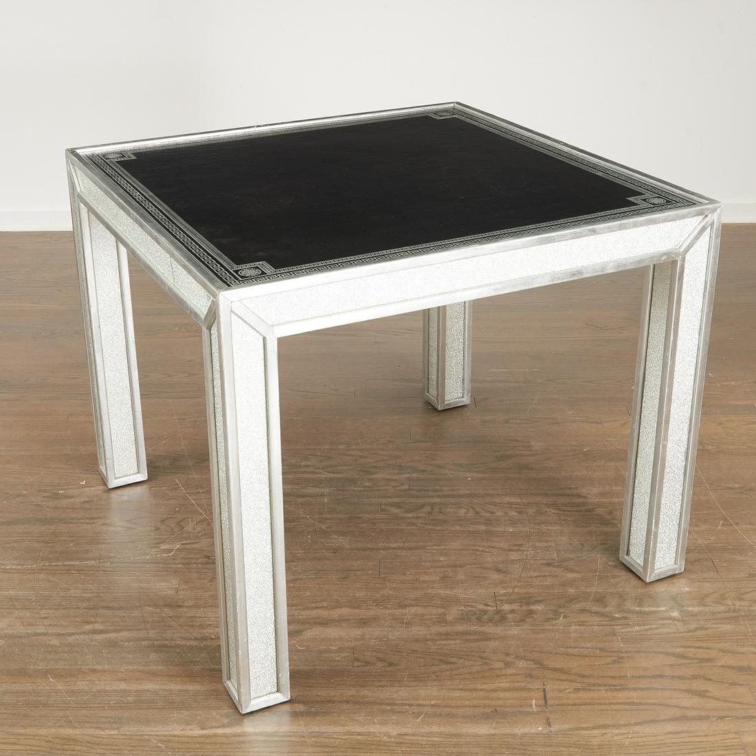 Lloyd Paxton, silvered wood games table: Lloyd Paxton, silvered wood games table, Late 20th c., American, with tooled leather inset tops and silvered crackle glass panels, unsigned, 30"h x 36.6"squ Provenance: Designed for the Chandler Apart
