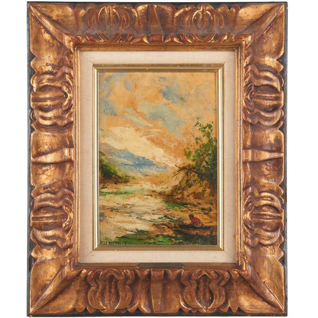 Jean-Francois Raffaelli (manner of), painting: Jean-Francois Raffaelli (manner of), painting, Manner of Jean-Francois Raffaelli (French, 1850-1924), Impressionist Landscape, oil on board, signed "J F RAFFELLI" lower left, spurious nameplate on fra