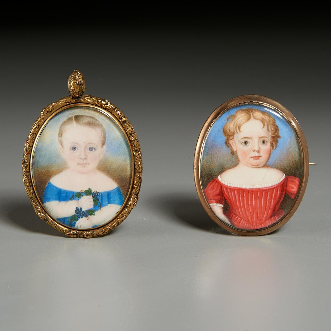 British/American School, (2) Portrait Miniatures: British/American School, (2) Portrait Miniatures, British/American School (19th c.), Portrait of a Child in Red and Portrait of a Child in Blue, colors on substrate, no visible signatures, gold washed