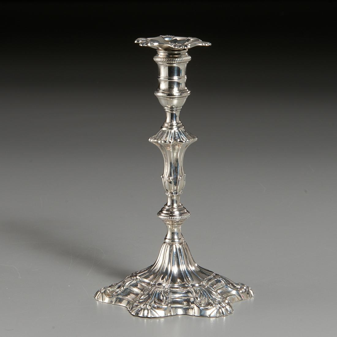 George III Sterling Silver Taperstick: George III Sterling Silver Taperstick, London, c. 1767, with Rococo turned standard and spreading shell-form undulating foot, fully marked, 5 1/2" h, approx. 4.8 ozt Provenance: The Collection of Eliz