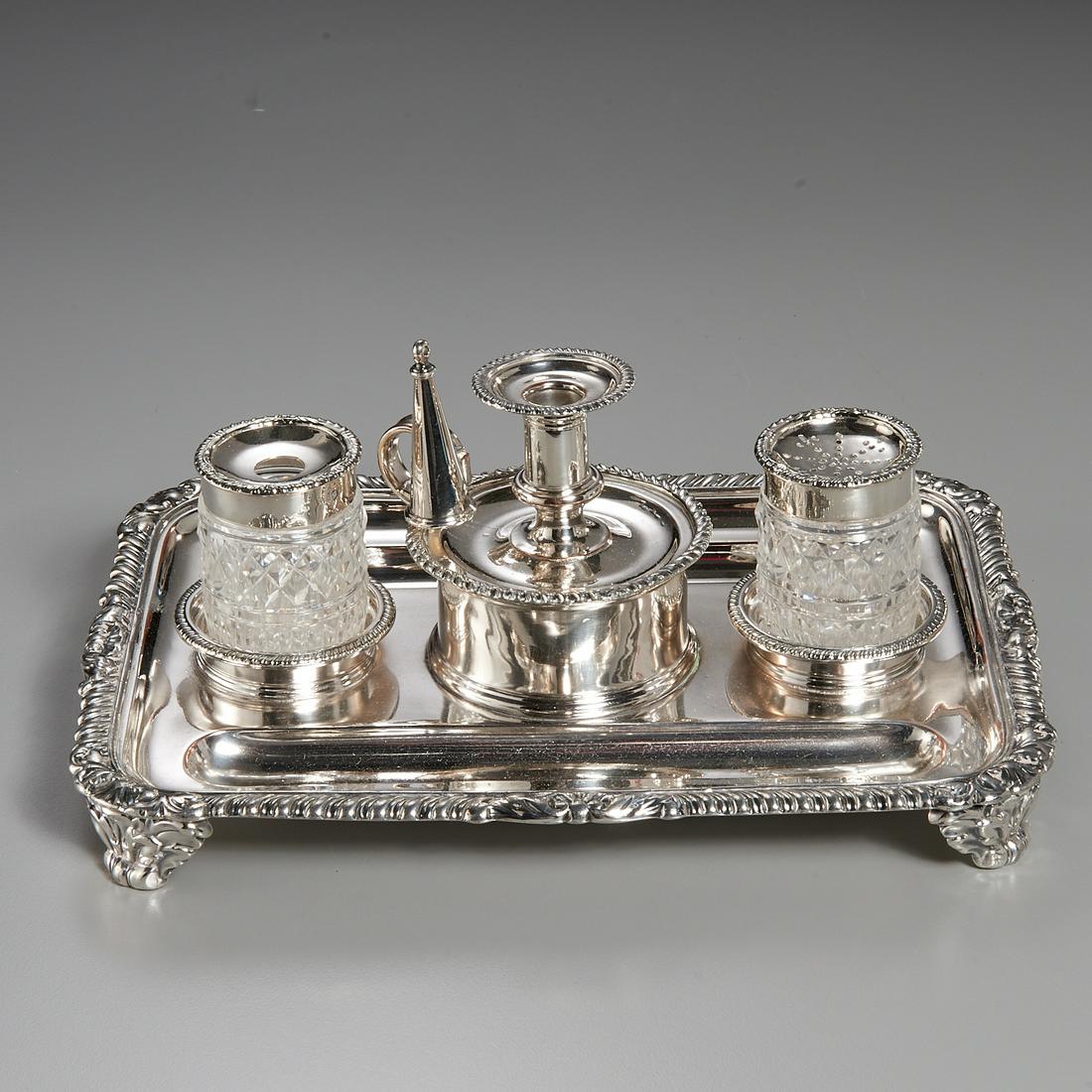 Matthew Boulton Sheffield Plated Ink Stand: Matthew Boulton Sheffield Plated Ink Stand, 19th c., with candleholder, cut glass inkwell and sander on tray stand, sunburst mark to underside, 9 1/2" l Provenance: The Collection of Elizabeth "Betty"