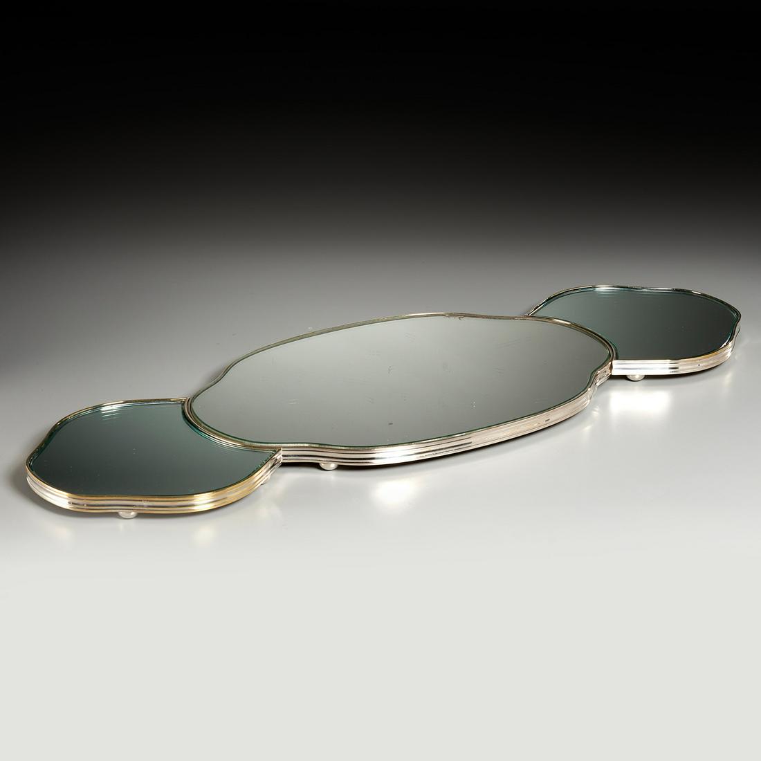 Old Sheffield Three-Part Mirrored Plateau: Old Sheffield Three-Part Mirrored Plateau, 19th c., shaped mirror plates with molded edge, unmarked, 32" l x 12" w Provenance: The Collection of Elizabeth "Betty" Seeler; Georgian Manor Antiques, Inc.