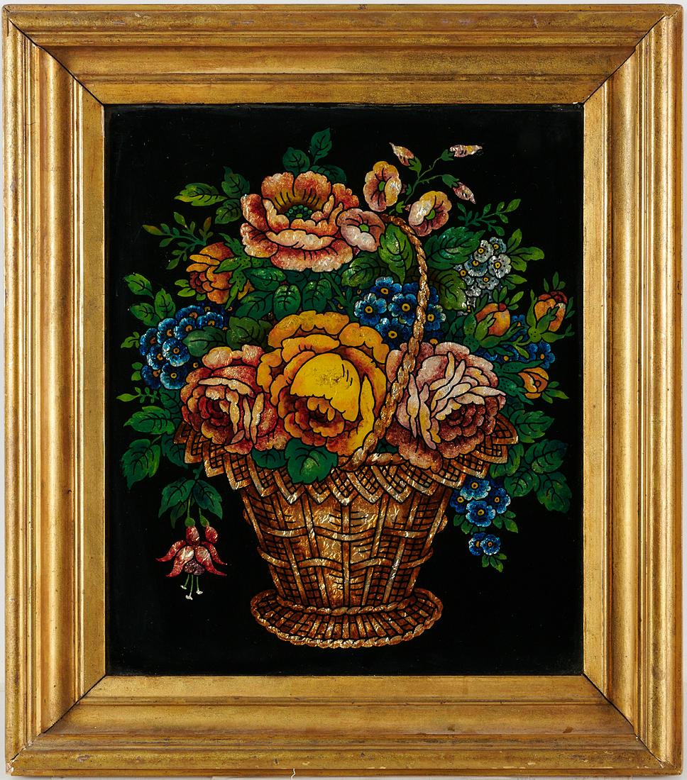 Edgar Curtis Reverse-Glass Tinsel Painting: Edgar Curtis Reverse-Glass Tinsel Painting, Late 19th/20th c., Salem, Massachusetts, Lush Summer Flowers in a Wicker Basket, reverse-painted glass with tin foil, signature plaque on frame verso, 14" h
