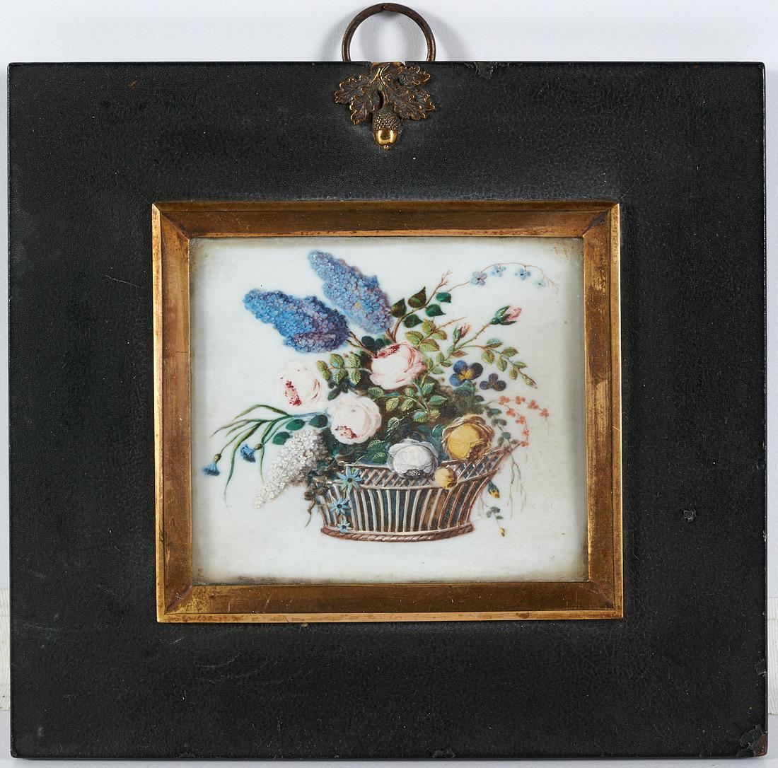 British School, Miniature Painting: British School, Miniature Painting, British School (18th/19th c.), Basket of Flowers, c. 1810, oil on substrate, provenance written on label verso, 2 1/2" h x 3" w, framed and glazed Provenance: The C