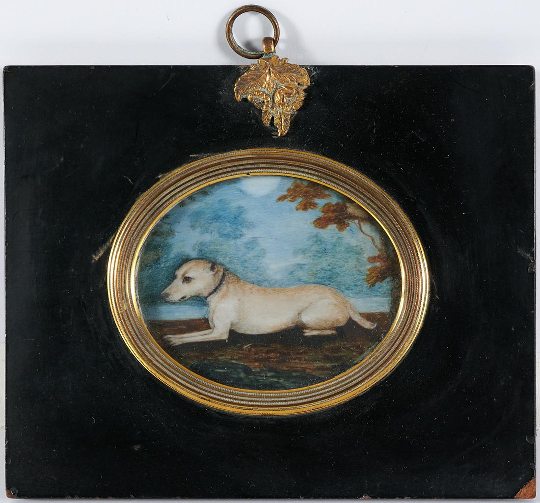 British School, Miniature Dog Painting: British School, Miniature Dog Painting, British School (19th c.), Recumbent Hound in a Landscape, colors on substrate, no signature visible, 2 1/4" h x 2 3/4" l, brass mounted lacquer frame Provenance