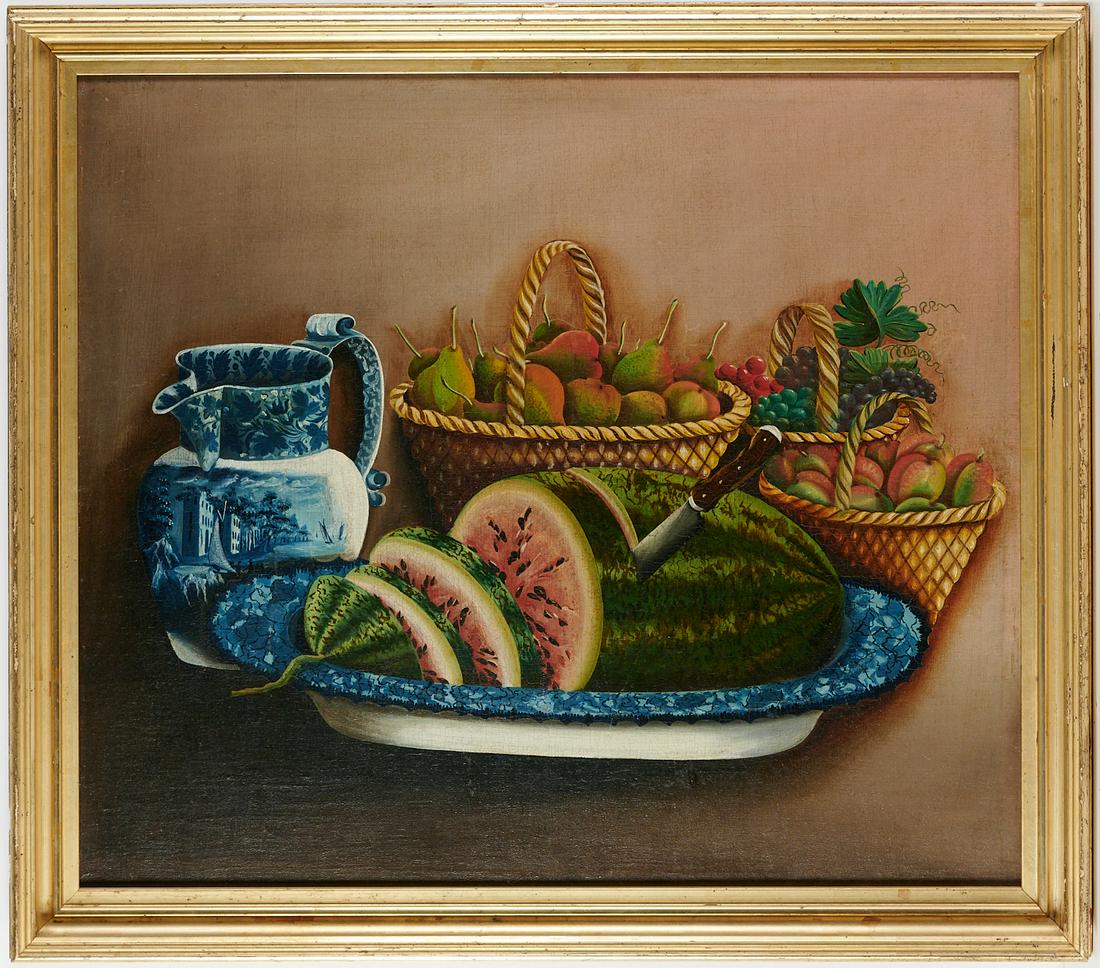 American Folk School, Oil on Canvas, ex Tillou: American Folk School, Oil on Canvas, ex Tillou, American Folk School (19th c.), Still Life with Staffordshire Pitcher, Fruit Baskets and Watermelon, c. 1850, in the manner of Levi Wells Prentice (Amer