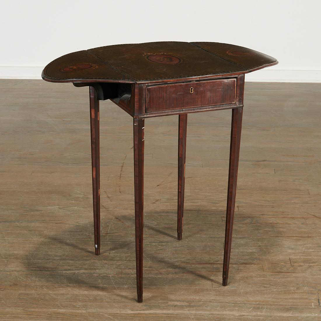 George III Paint Decorated Pembroke Table: George III Paint Decorated Pembroke Table, c. 1780, attributed to Henry Clay, the oval top with two drop leaves raised on octagonal tapering legs, painted overall with Neo-Classical bands and reserves