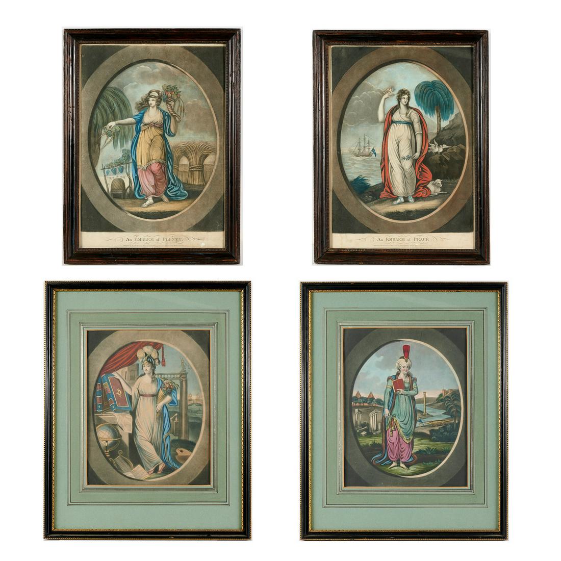 Paul Barnaschino, (4) Allegorical Prints: Paul Barnaschino, (4) Allegorical Prints, Paul Barnaschino (British, 18th/19th c.), "Europe", "Asia", "Peace" and "Plenty", c. 1800, colored mezzotints on paper, 12" h x 10" w, one pair with French ma
