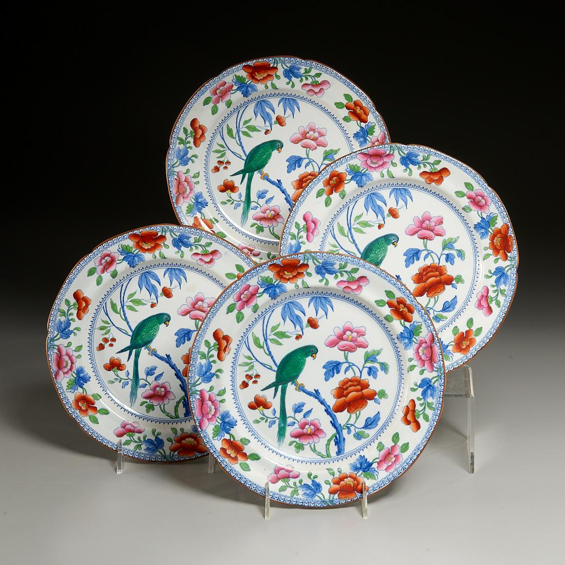 (4) English Creamware Plates: (4) English Creamware Plates, 19th c., in the manner of the James Giles workshop, decorated with an all-over foliate ornamentation with a green parrot on blue perch to the center, 10" dia Provenance: 