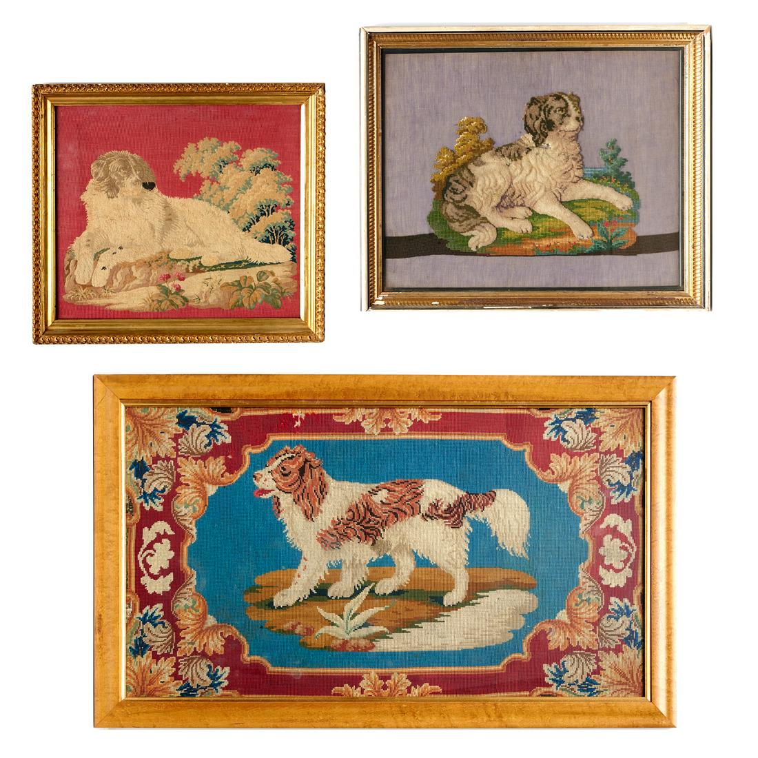 (3) Victorian Needle-Work Dog Pictures: (3) Victorian Needle-Work Dog Pictures, 19th/20th c., including a large gros point panel depicting a brown and white spaniel, a gross and petit point panel depicting a recumbent dog, and a grow point 