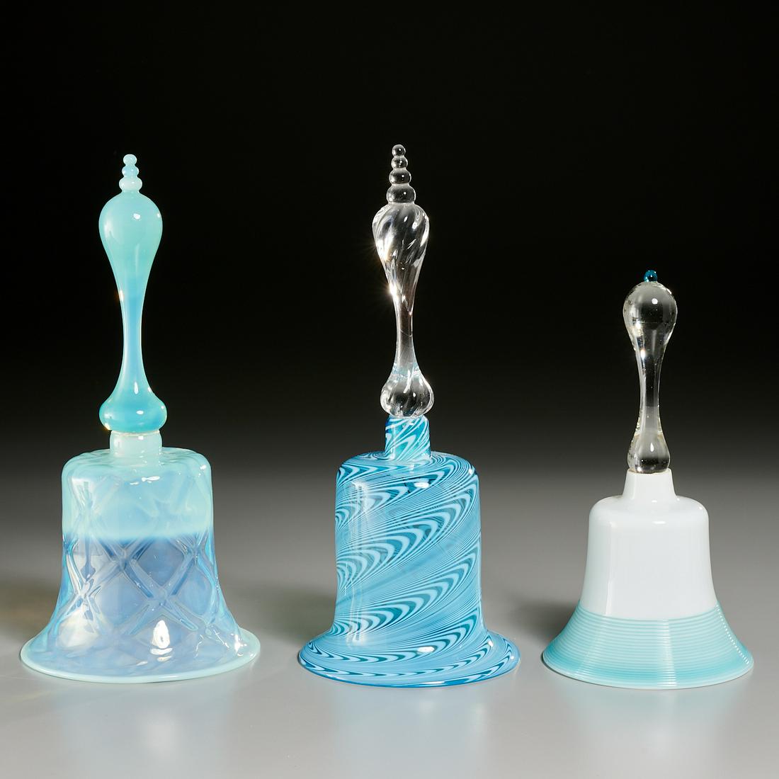 (3) Victorian Blue Glass Wedding Bells: (3) Victorian Blue Glass Wedding Bells, 19th c., including one with white-looped bell, one with blue-threaded white bell, and one with quilted bell, largest: 13" h, smallest: 10" h Provenance: The Col