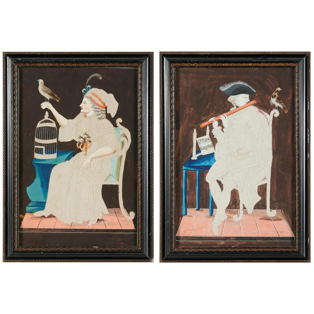 Pair George III Pin-Prick and Watercolor Pictures: Pair George III Pin-Prick and Watercolor Pictures, c. 1785, each executed in gouache heightened with pin-prick decoration and set with feathers, one depicting a seated male musician with bird on his c