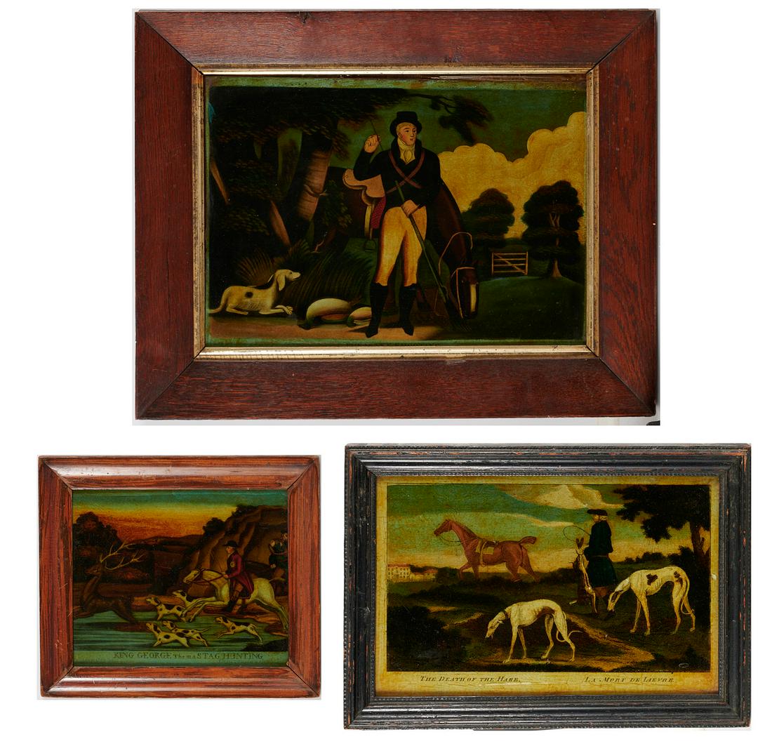 (3) English Reverse-Varnished Mezzotints on Glass: (3) English Reverse-Varnished Mezzotints on Glass, 19th c., hunting themes, including "Pheasant Shooting", "The Death of the Hare" and "King George the III Stag Hunting", largest: 14 3/4" h x 18 3/4" 