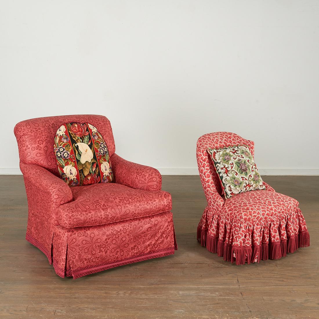 Brunschwig & Fils Club Chair and Slipper Chair: Brunschwig & Fils Club Chair and Slipper Chair, 20th c, tight back, loose seat cushion and tailored skirt, covered in pink damask-patterned glazed cotton with a 19th c. needlepoint pillow, and a compl
