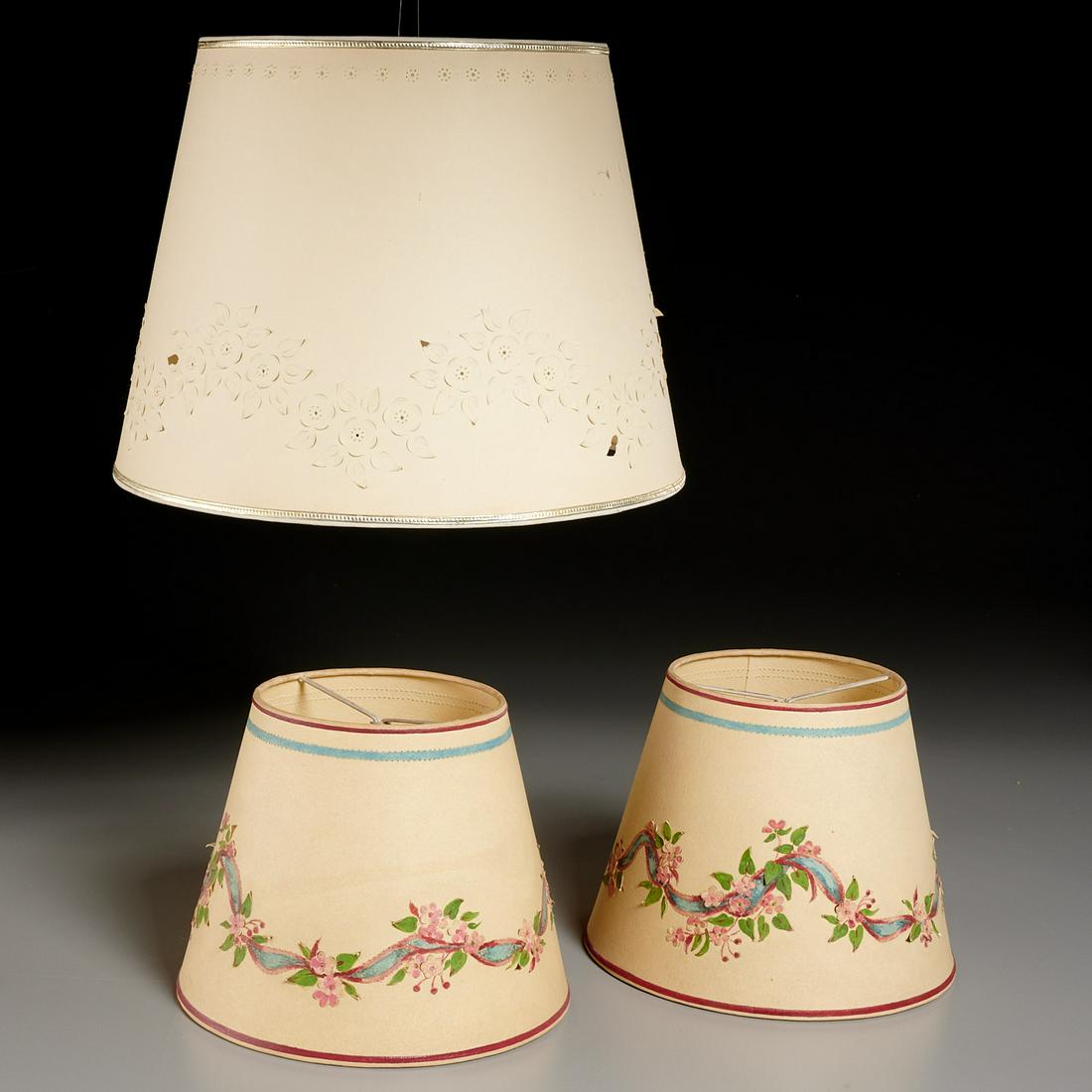 (3) Custom NY Workshop Cut Paper Lampshades: (3) Custom NY Workshop Cut Paper Lampshades, 20th c., largest: 10" h x 13" dia., smaller: 6 1/2" h x 8" dia Provenance: The Collection of Elizabeth "Betty" Seeler